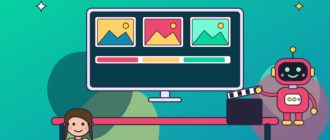 Девушка-видеоблогер и робот-оператор у монитора с монтажной лентой, вокруг кадры с горами, морем и городом, на столе хлопушка